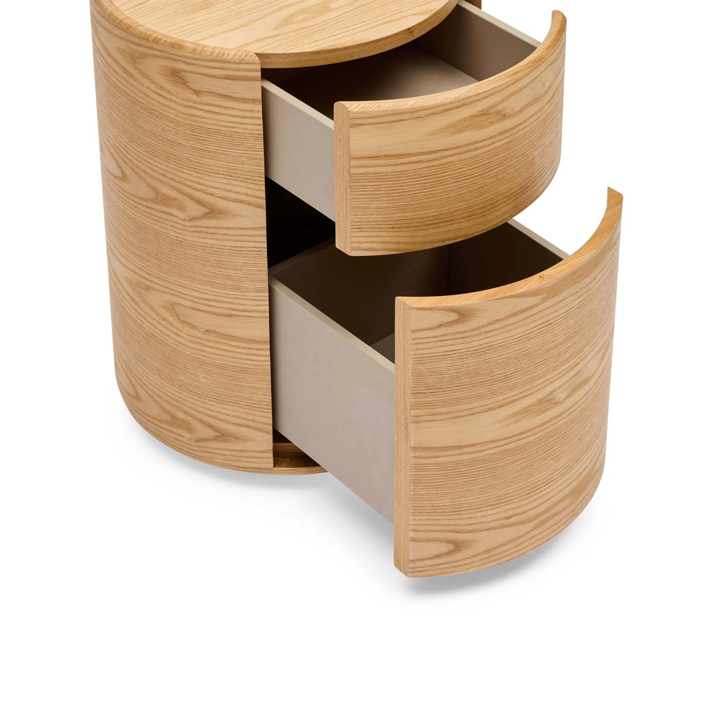 Finn Round Bedside in natural ash — bedside table angled view showing smooth curved edges and drawer handles