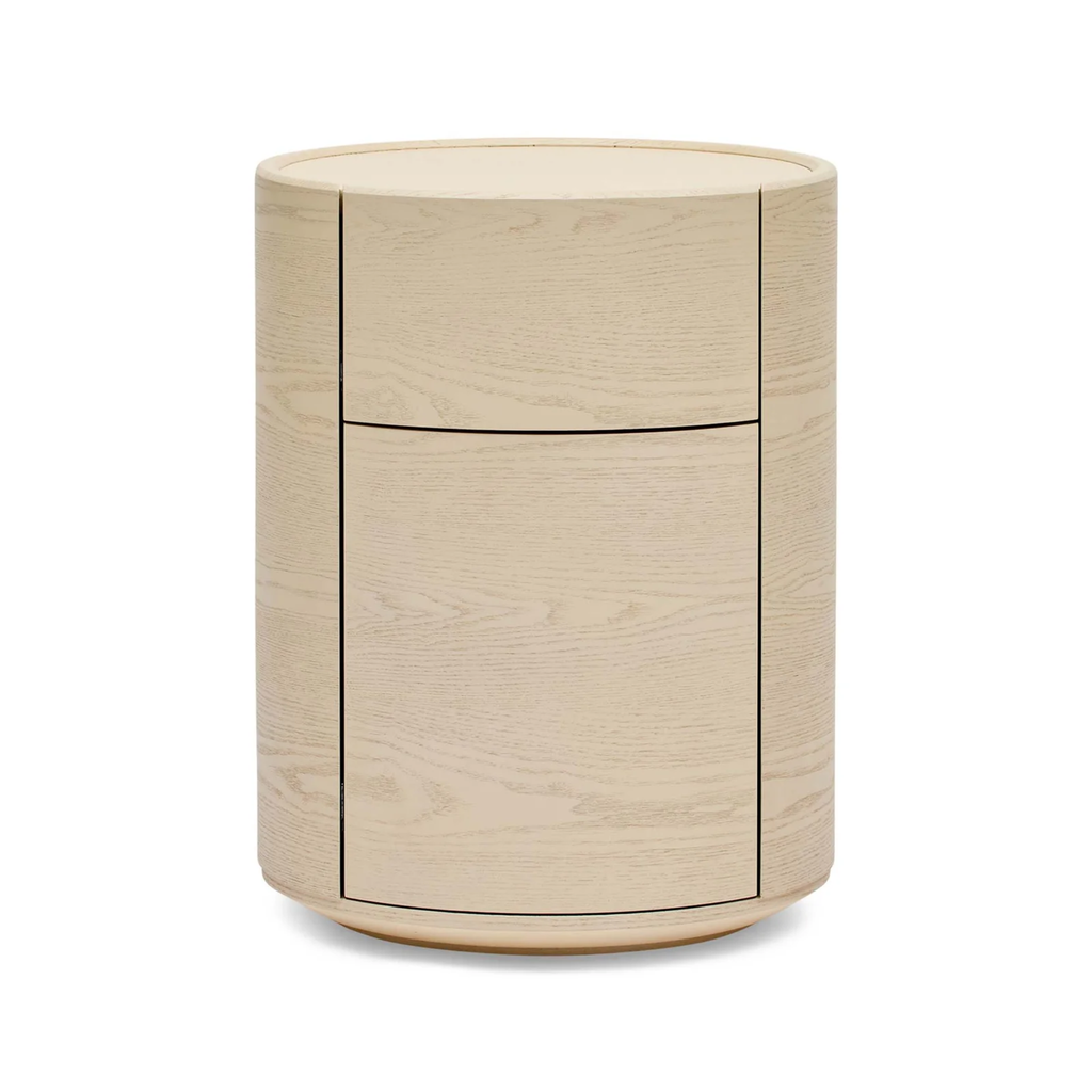 Finn Oval Bedside parchment — close-up of timber grain and oval bedside table profile with drawers closed
