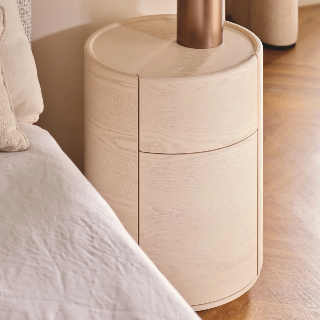 Finn Round Bedside table in parchment finish — modern oval-shaped timber bedside with two soft-close drawers
