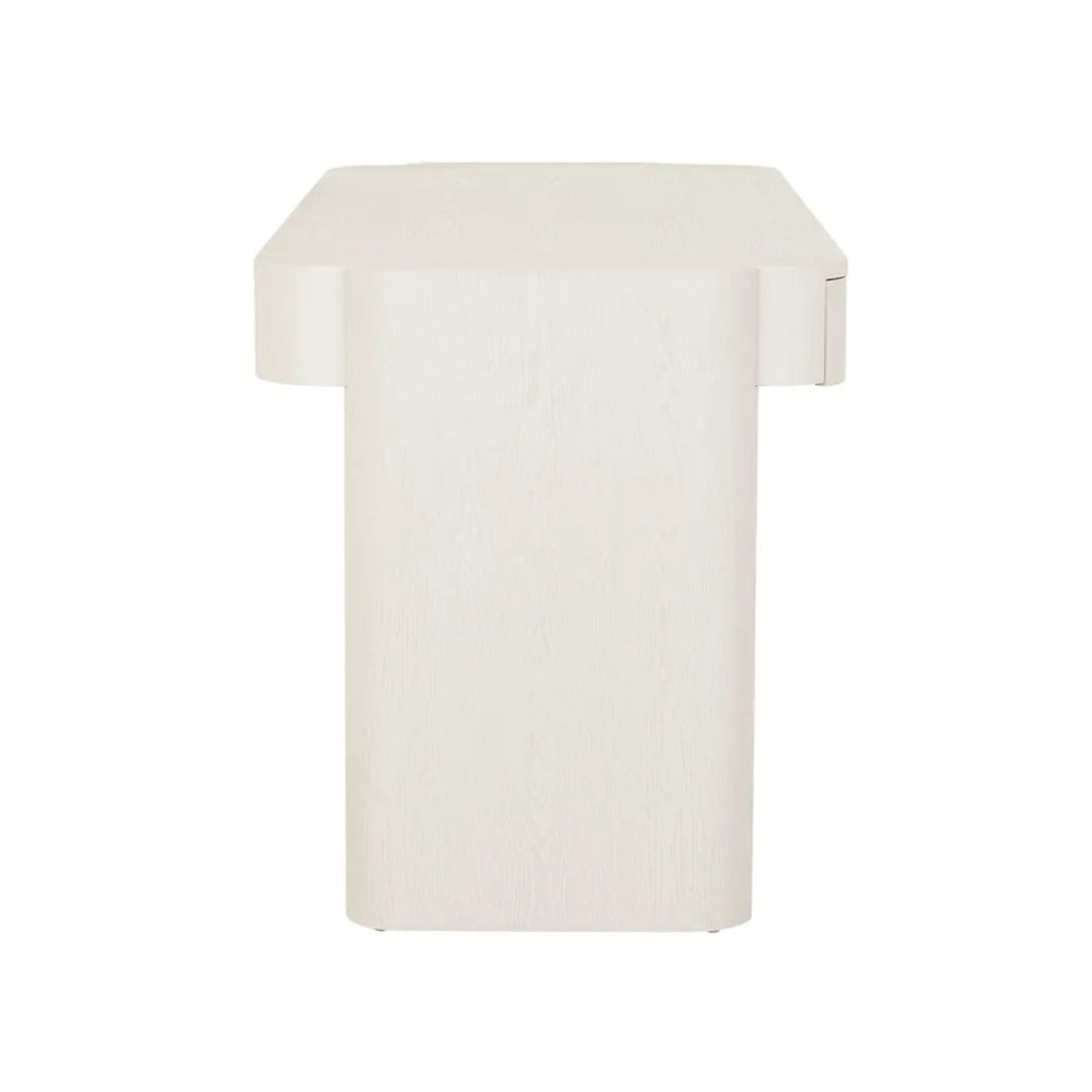 Porcelain finish Floyd Desk, GlobeWest ash veneer timber desk with curved edges and built-in drawers