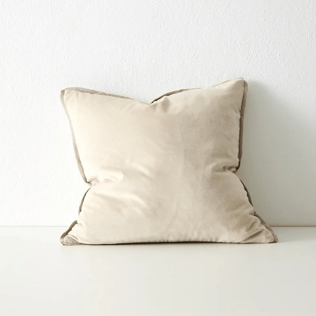 Francesca Cushion in Salt by Weave Home – plush light beige velvet with linen micro-flange, front view.