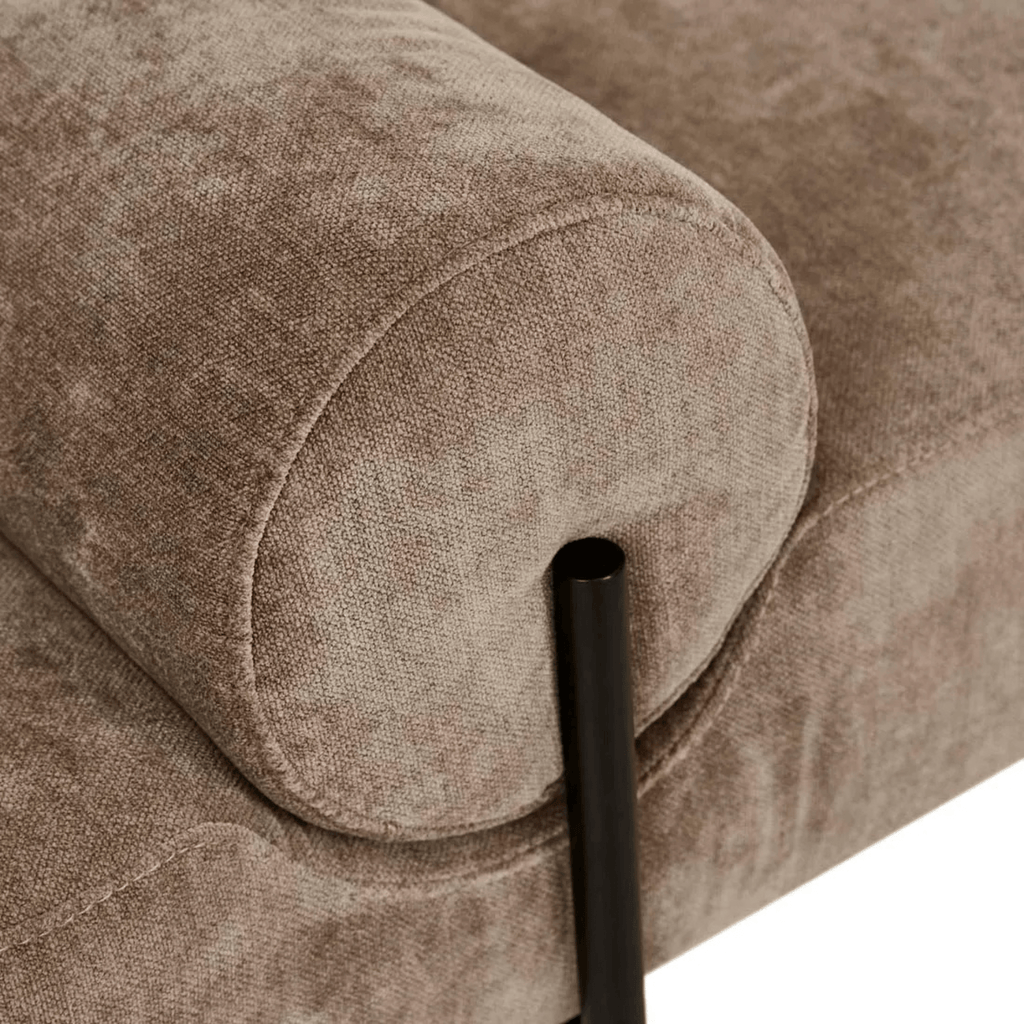 Close-up of GlobeWest Axel Bench Seat fabric and metal finish, detailing textured Soft Russet upholstery and sleek black frame