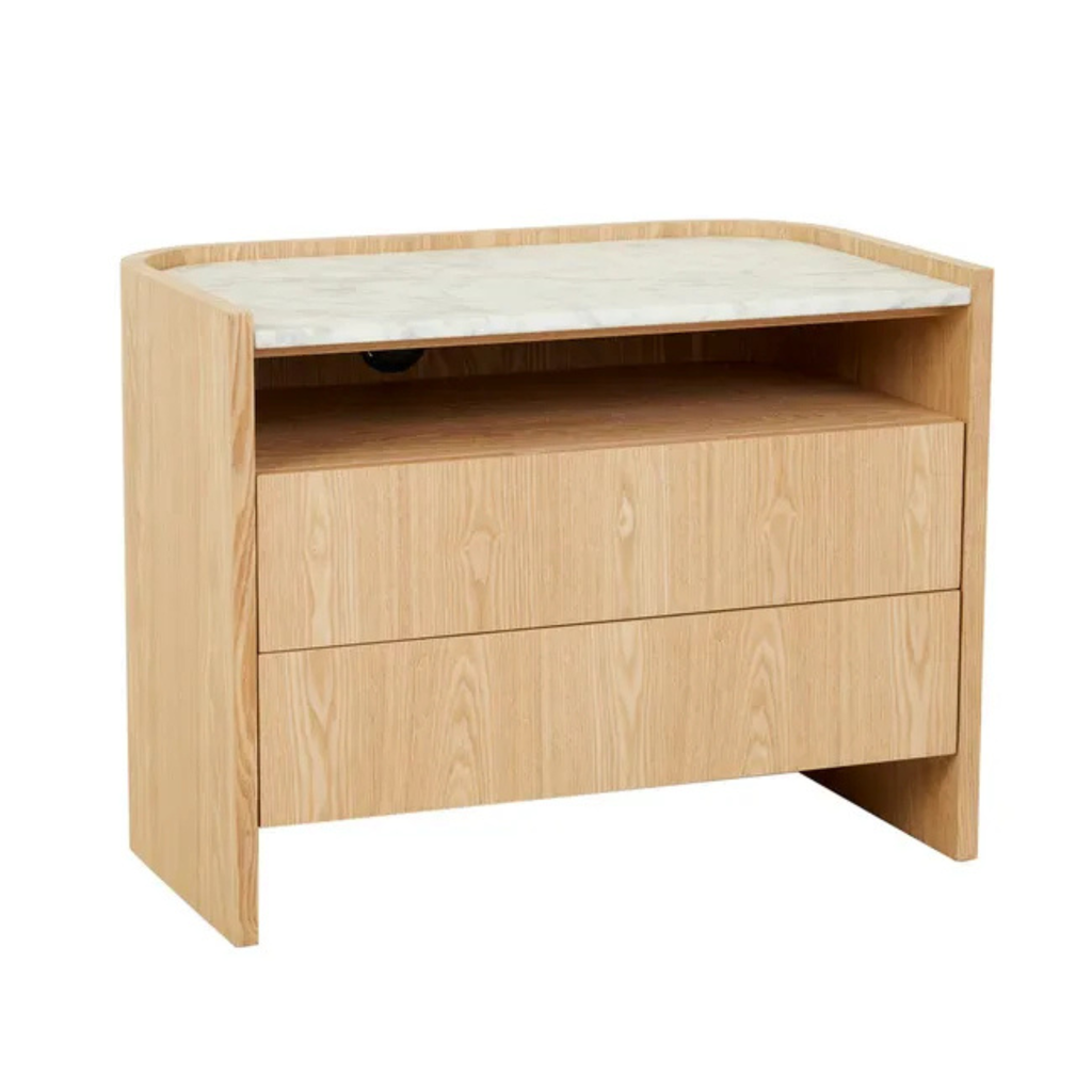 Modern bedside table with a white marble top and natural ash veneer body, designed with two large drawers for functional bedroom storage