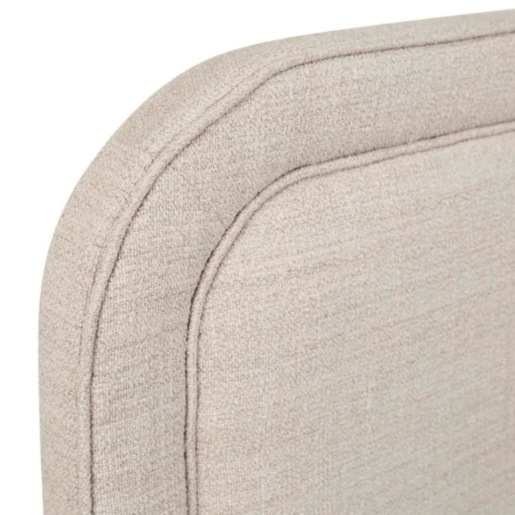 Close-up detail of GlobeWest Hugo Bedhead in Natural Speckle, showing textured upholstery fabric and vertical panelling with soft foam finish