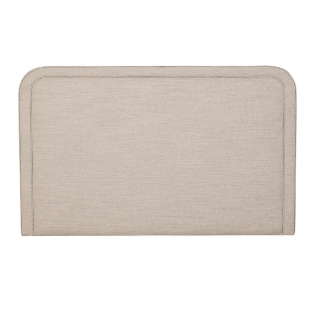 GlobeWest Hugo Bedhead upholstered in Natural Speckle fabric, featuring soft vertical panelling and a clean, modern silhouette — styled for contemporary bedrooms as seen on The Block