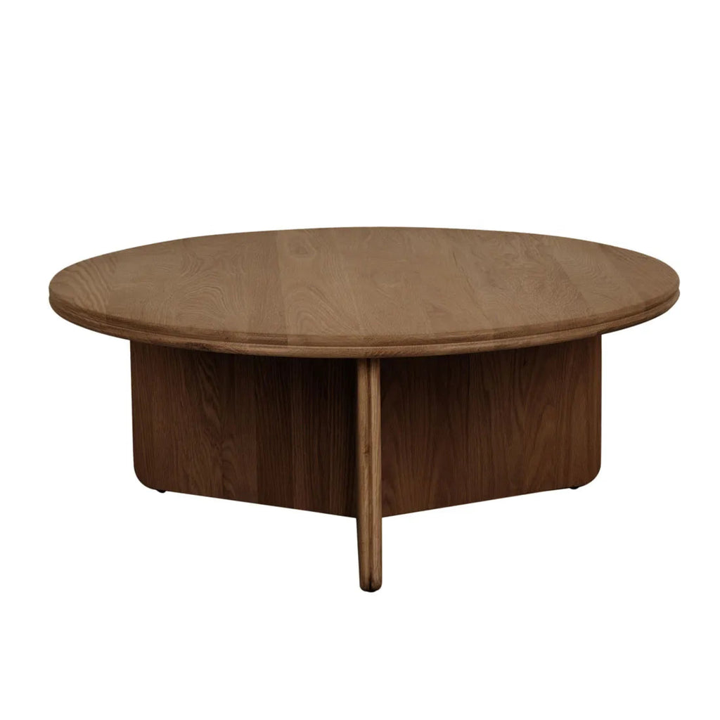 Mocha Oak Solstice Slice Coffee Table by GlobeWest, contemporary round oak design with layered legs