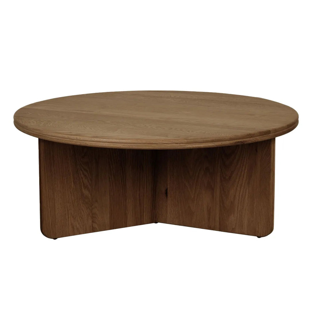 GlobeWest Solstice Slice Coffee Table in Mocha Oak, solid oak round tabletop with layered plank base
