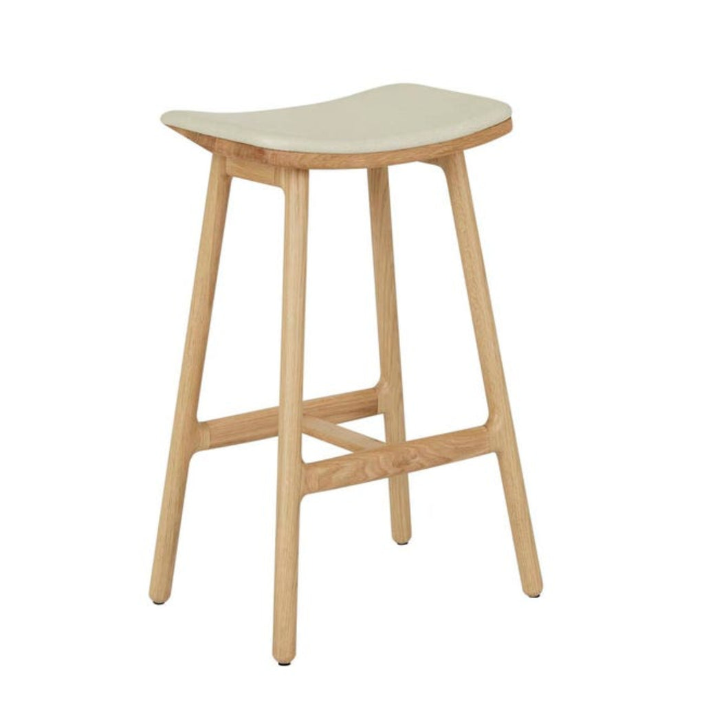 GlobeWest Tolv Odd Upholstered Barstool in Limestone Leather with Light Oak legs — premium leather bar chair