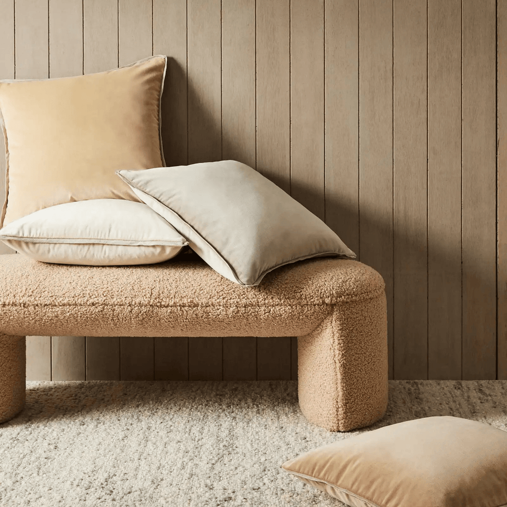 Close-up of Francesca Salt cushion velvet and linen micro-flange edge, highlighting soft texture and fine craftsmanship