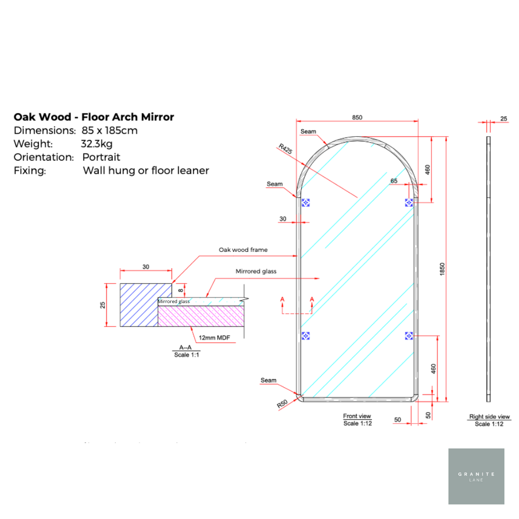 Arch Floor Mirror, Wood specification sheet